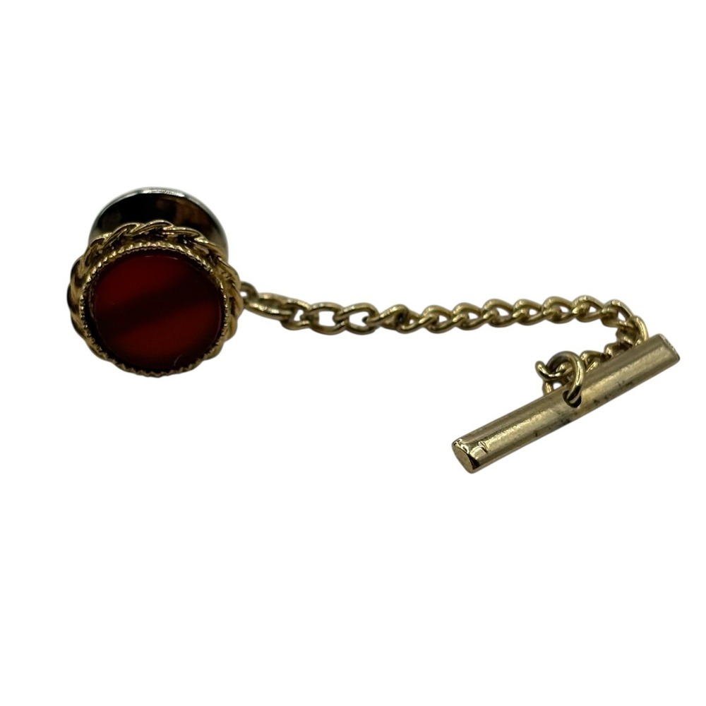 Carnelian Agate Tie Tack Vintage Pin Round W Chain Gold Tone Twisted Edges Stone - Picture 2 of 10